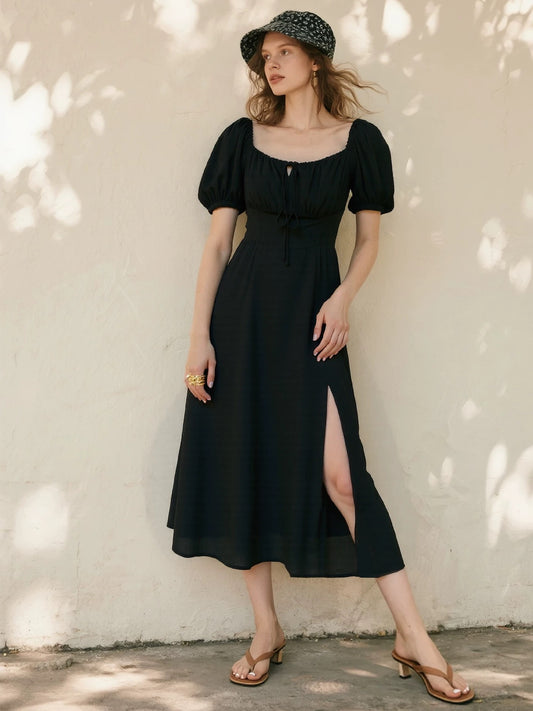 Black square neck puff sleeve dress for women 2025 summer new style temperament waist slimming slit long skirt