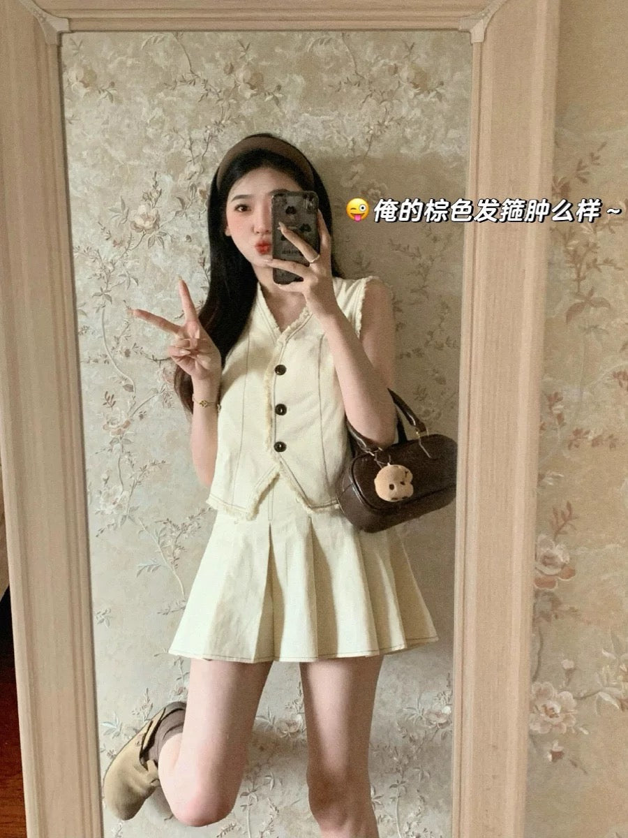 Salt style street cool cool sister suit skirt vest top pleated skirt college style age-reducing two-piece summer set