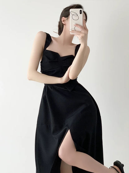 French pleated black dress new spring and summer temperament advanced design niche sexy slit suspender skirt