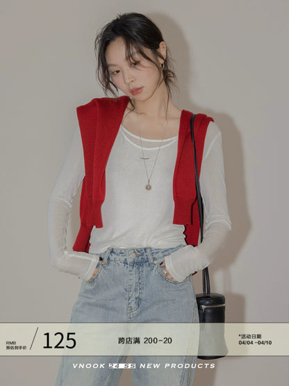 VNOOK layered two-piece bottoming shirt, high elasticity, slimming new top, high quality u-neck Tencel sweater for women