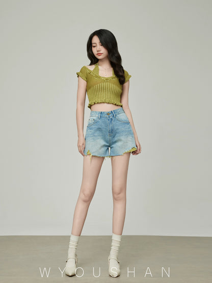 051 Wang Youshan denim shorts women's loose summer high-waisted hot pants new 2024 thin slimming a-line pants