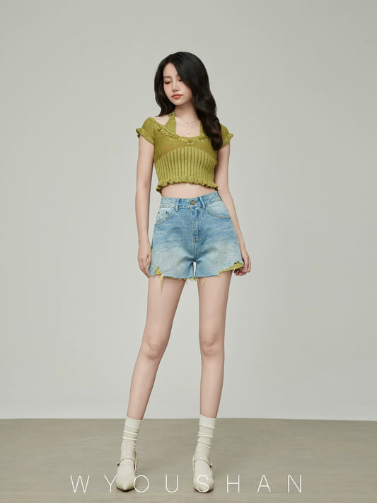 051 Wang Youshan denim shorts women's loose summer high-waisted hot pants new 2024 thin slimming a-line pants