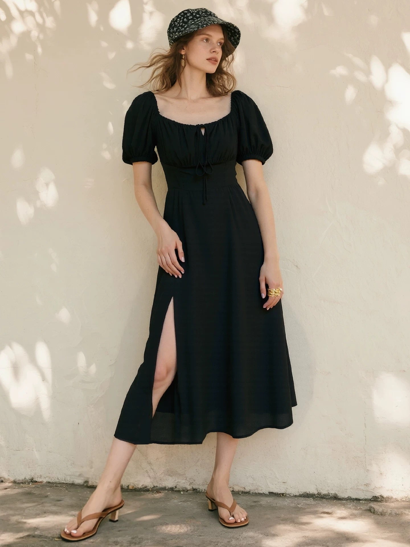 Black square neck puff sleeve dress for women 2025 summer new style temperament waist slimming slit long skirt