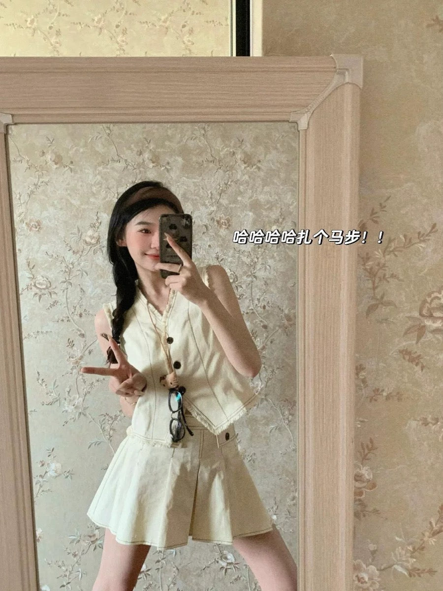 Salt style street cool cool sister suit skirt vest top pleated skirt college style age-reducing two-piece summer set