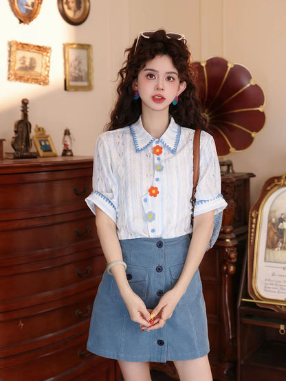 Chen Jiajie "Morning Dew Among Flowers" Women's Short-Sleeve Shirt – Summer Design-Focused Floral Embroidery & Cut-Out Collar Top