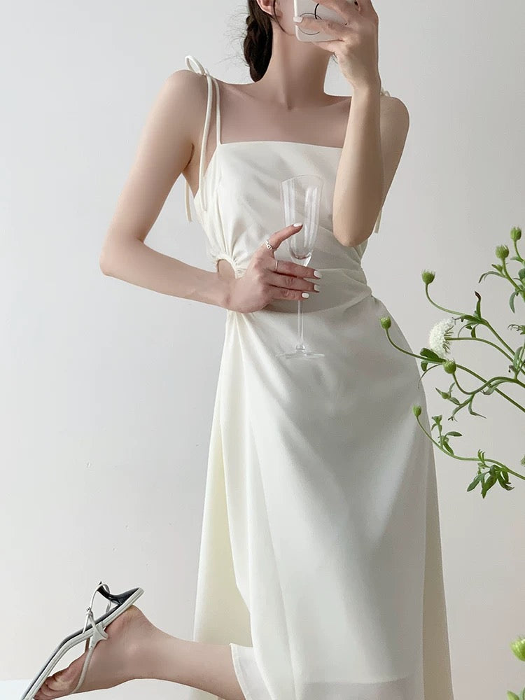 French satin suspender dress for women summer slim sexy exposed waist hollow lace design high-end niche skirt