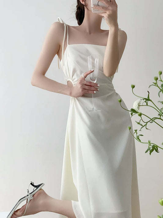 French satin suspender dress for women summer slim sexy exposed waist hollow lace design high-end niche skirt
