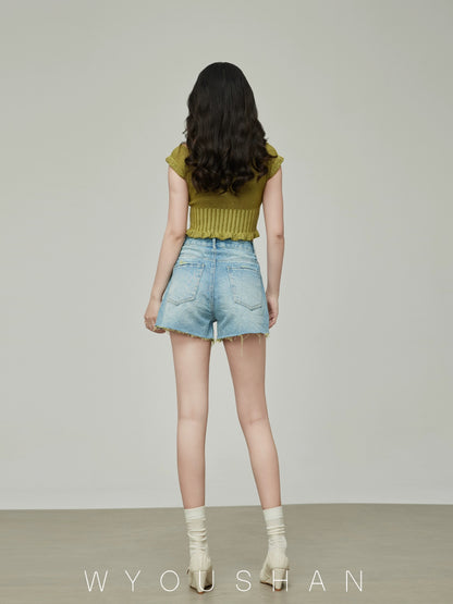 051 Wang Youshan denim shorts women's loose summer high-waisted hot pants new 2024 thin slimming a-line pants