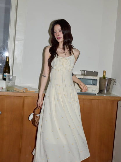 Chaochao's Gentle Style Apricot Floral Print Sundress for Women, Summer 2026, Fresh and Slimming A-line Long Skirt