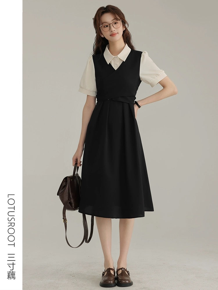 [Three-Inch Lotus Root] Summer postgraduate entrance exam re-examination short-sleeved dress female college style black teaching shirt skirt waist