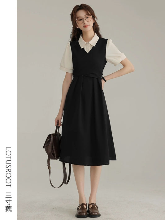 [Three-Inch Lotus Root] Summer postgraduate entrance exam re-examination short-sleeved dress female college style black teaching shirt skirt waist