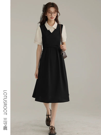[Three-Inch Lotus Root] Summer postgraduate entrance exam re-examination short-sleeved dress female college style black teaching shirt skirt waist