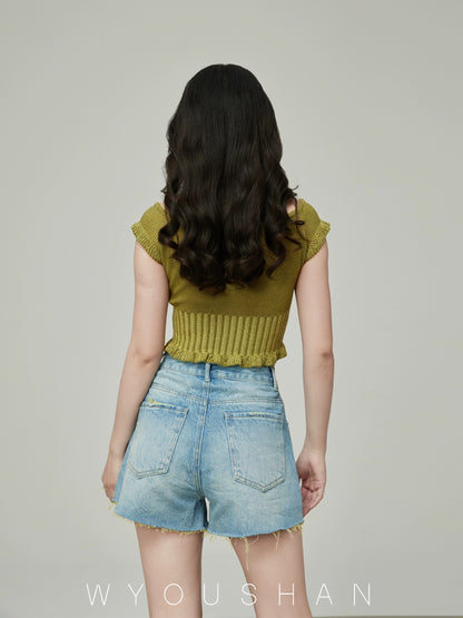 051 Wang Youshan denim shorts women's loose summer high-waisted hot pants new 2024 thin slimming a-line pants