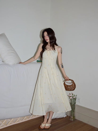 Chaochao's Gentle Style Apricot Floral Print Sundress for Women, Summer 2026, Fresh and Slimming A-line Long Skirt