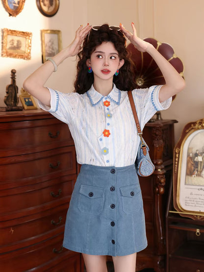 Chen Jiajie "Morning Dew Among Flowers" Women's Short-Sleeve Shirt – Summer Design-Focused Floral Embroidery & Cut-Out Collar Top
