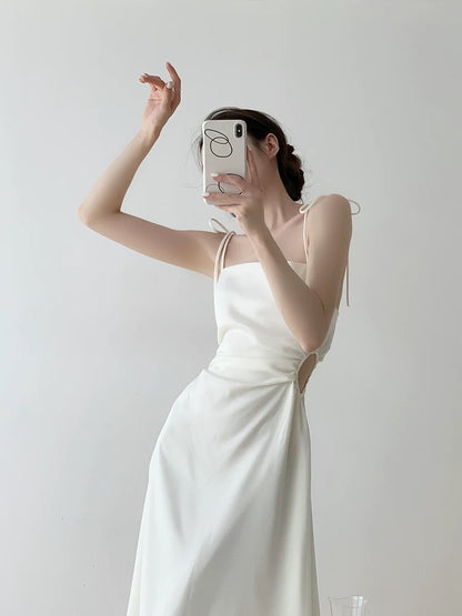 French satin suspender dress for women summer slim sexy exposed waist hollow lace design high-end niche skirt