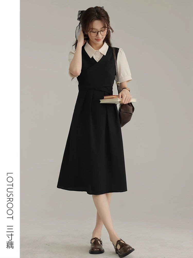 [Three-Inch Lotus Root] Summer postgraduate entrance exam re-examination short-sleeved dress female college style black teaching shirt skirt waist