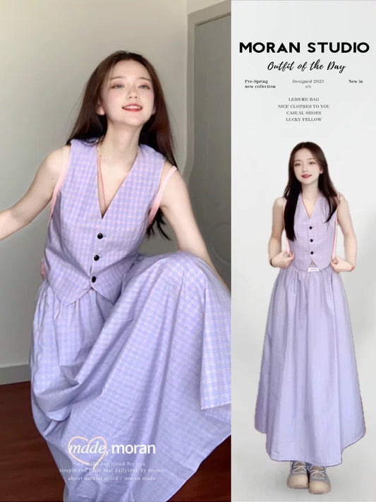 French fashion to reduce age and temperament, summer purple plaid vest suit, women's skirt two-piece suit