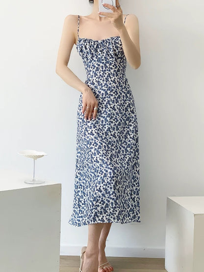 YAHI blue floral suspender dress female French waist spaghetti strap long dress seaside holiday dress summer
