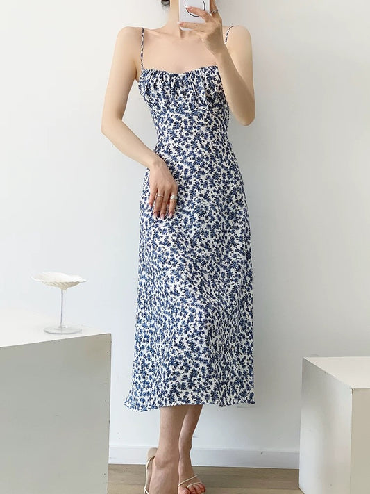 YAHI blue floral suspender dress female French waist spaghetti strap long dress seaside holiday dress summer