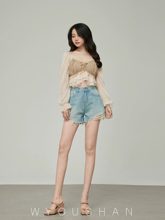 050 Wang Youshan denim shorts women's loose summer high-waist hot pants new style 2024 thin a-line pants versatile