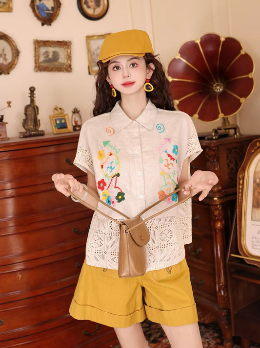 Chen Jiajie [Kitty Fairy Tale] Women's Vintage Summer Blouse – Versatile, Loose-Fit, Cut-Out Embroidery Design
