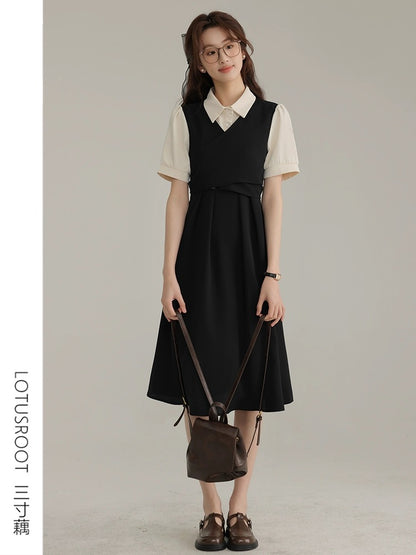 [Three-Inch Lotus Root] Summer postgraduate entrance exam re-examination short-sleeved dress female college style black teaching shirt skirt waist