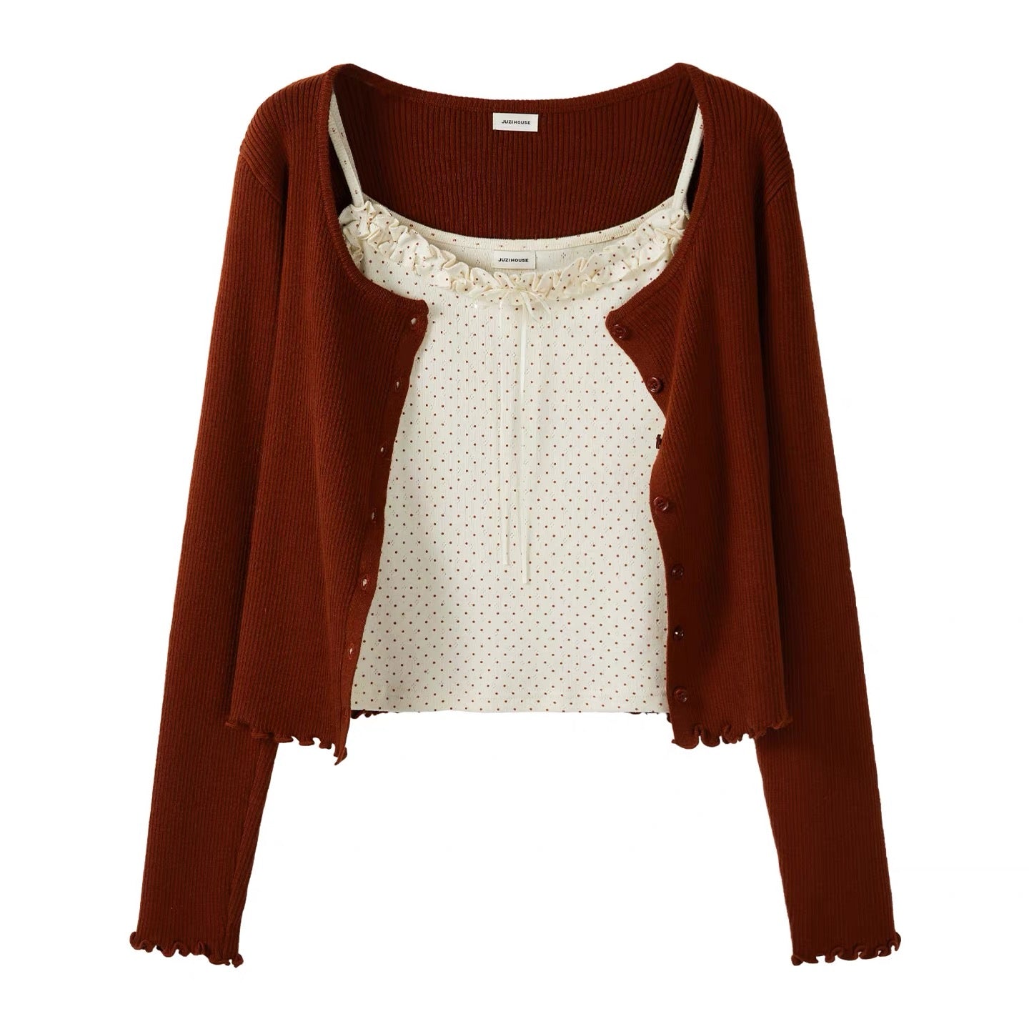 Autumn Collection: Sweet and Spicy Short Polka Dot Ruffled Camisole Vest, Knit Cardigan, and Jacket Two-Piece Set
