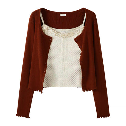 Autumn Collection: Sweet and Spicy Short Polka Dot Ruffled Camisole Vest, Knit Cardigan, and Jacket Two-Piece Set