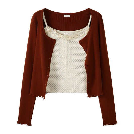 Autumn Collection: Sweet and Spicy Short Polka Dot Ruffled Camisole Vest, Knit Cardigan, and Jacket Two-Piece Set