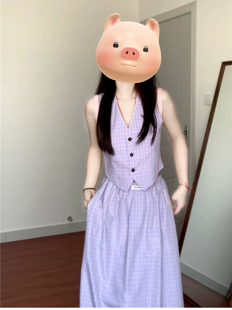 French fashion to reduce age and temperament, summer purple plaid vest suit, women's skirt two-piece suit
