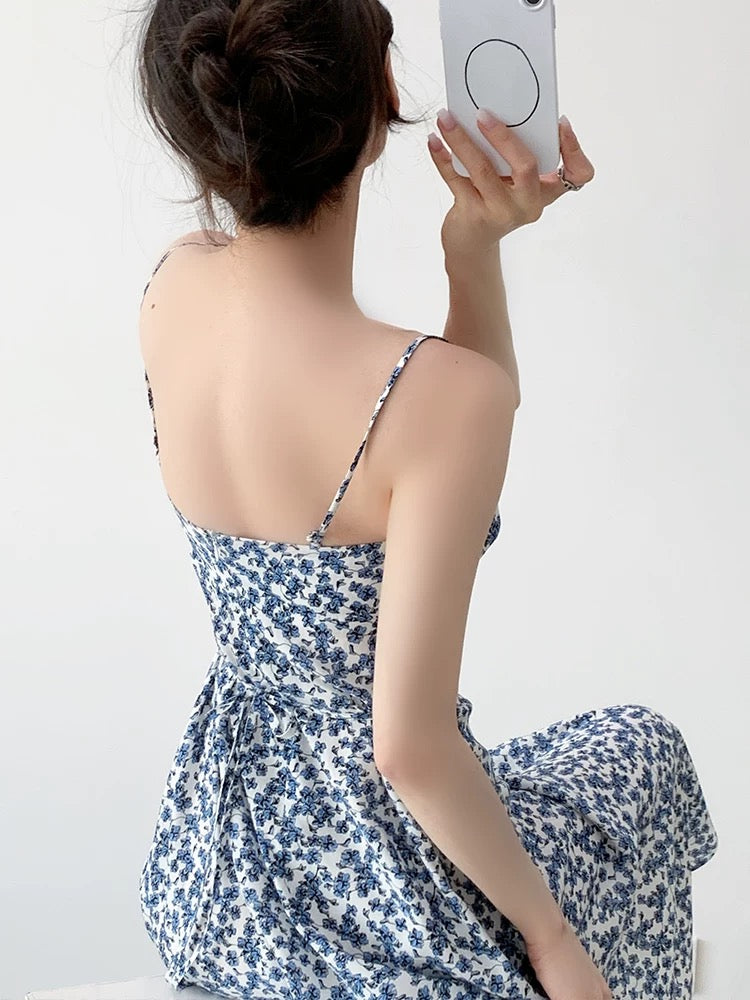 YAHI blue floral suspender dress female French waist spaghetti strap long dress seaside holiday dress summer