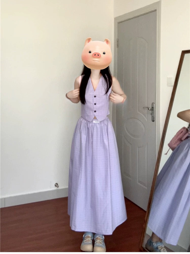 French fashion to reduce age and temperament, summer purple plaid vest suit, women's skirt two-piece suit