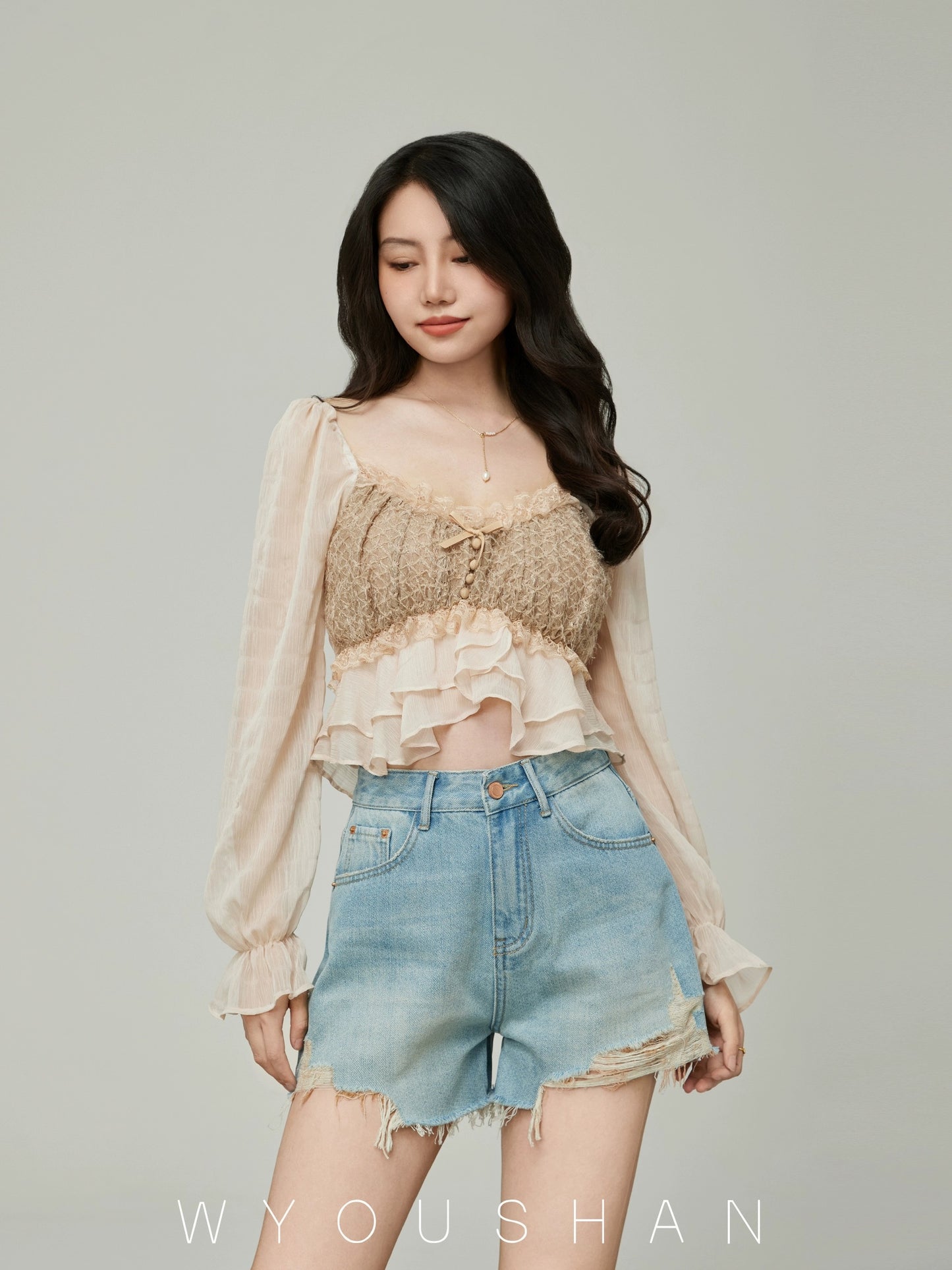 050 Wang Youshan denim shorts women's loose summer high-waist hot pants new style 2024 thin a-line pants versatile