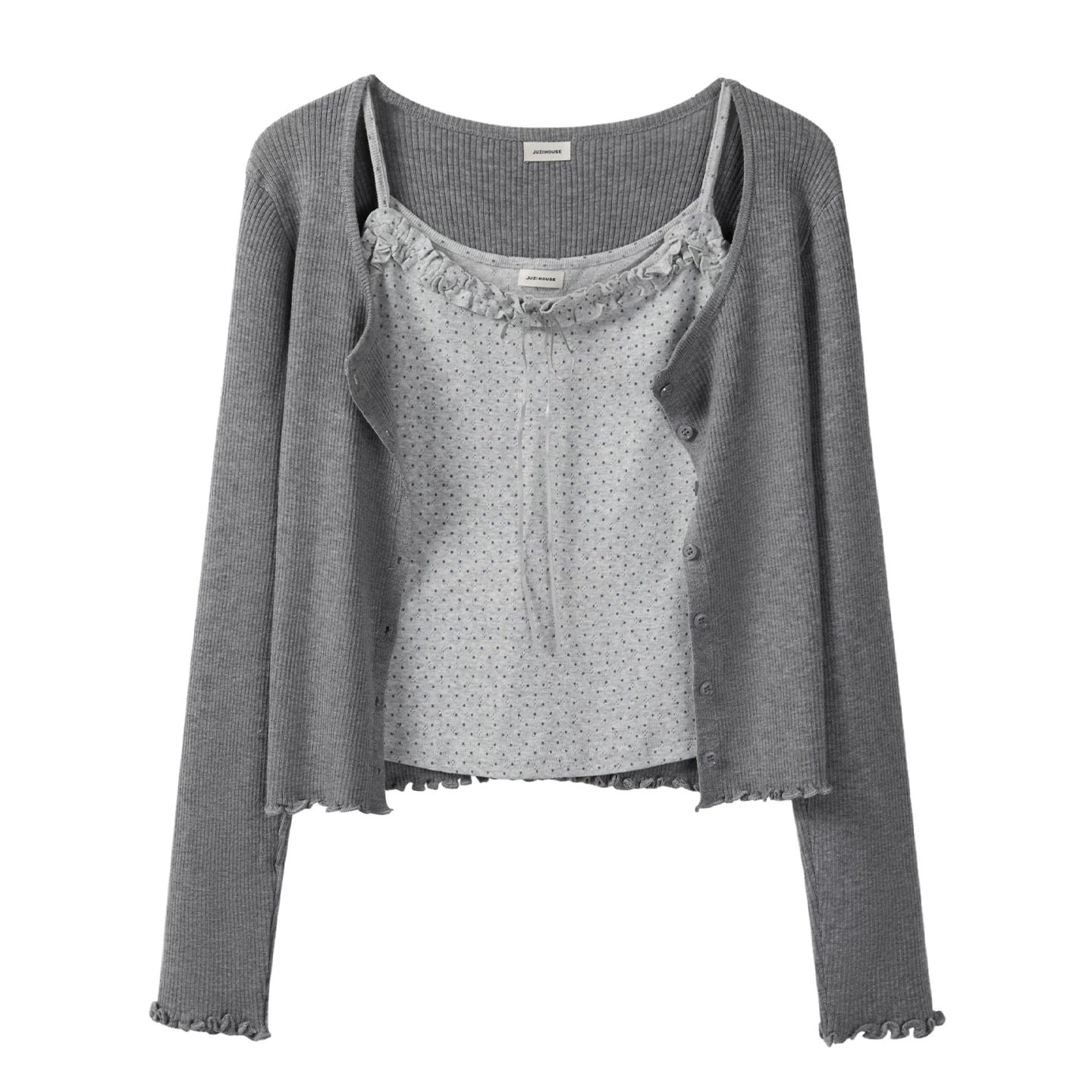 Autumn Collection: Sweet and Spicy Short Polka Dot Ruffled Camisole Vest, Knit Cardigan, and Jacket Two-Piece Set