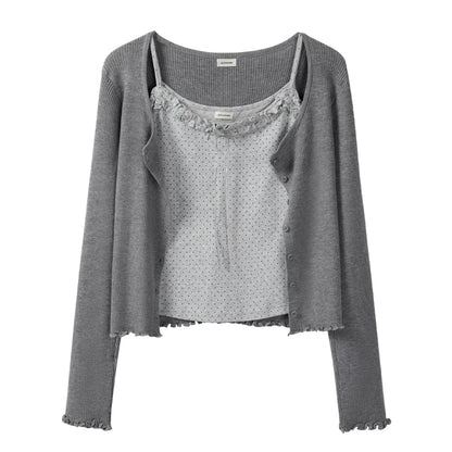 Autumn Collection: Sweet and Spicy Short Polka Dot Ruffled Camisole Vest, Knit Cardigan, and Jacket Two-Piece Set