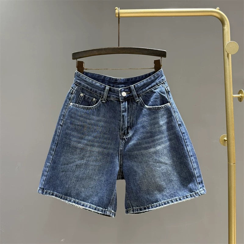 2025 summer new high waist slim a-line denim shorts women's blue versatile loose wide leg shorts mid-length pants