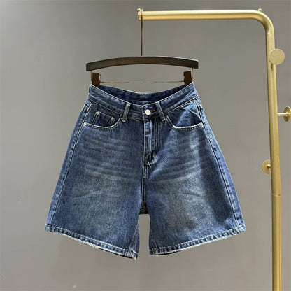 2025 summer new high waist slim a-line denim shorts women's blue versatile loose wide leg shorts mid-length pants