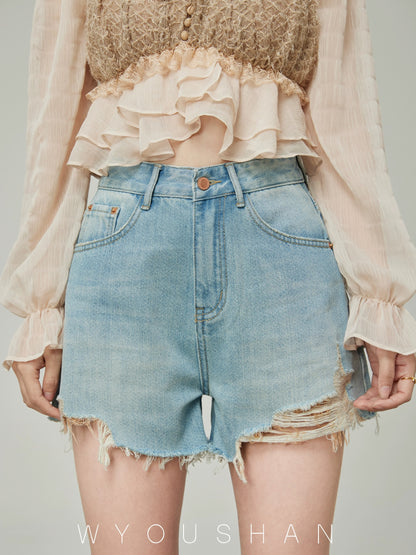 050 Wang Youshan denim shorts women's loose summer high-waist hot pants new style 2024 thin a-line pants versatile