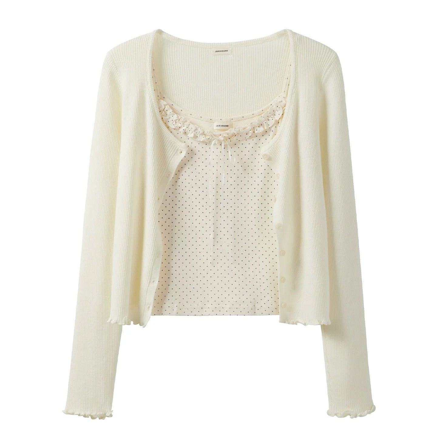 Autumn Collection: Sweet and Spicy Short Polka Dot Ruffled Camisole Vest, Knit Cardigan, and Jacket Two-Piece Set