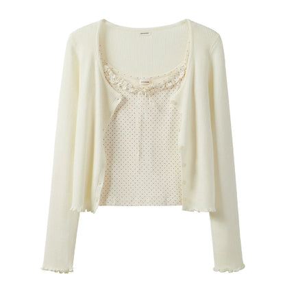 Autumn Collection: Sweet and Spicy Short Polka Dot Ruffled Camisole Vest, Knit Cardigan, and Jacket Two-Piece Set