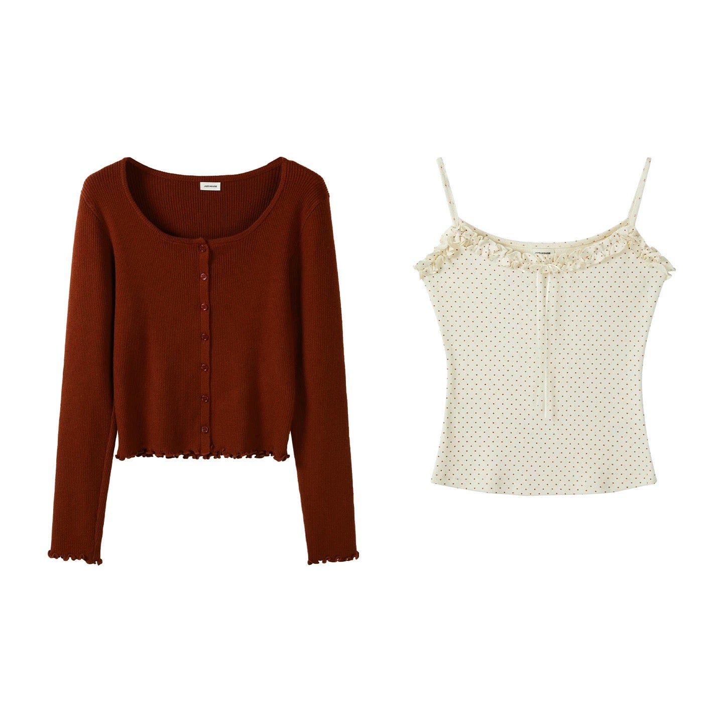 Autumn Collection: Sweet and Spicy Short Polka Dot Ruffled Camisole Vest, Knit Cardigan, and Jacket Two-Piece Set