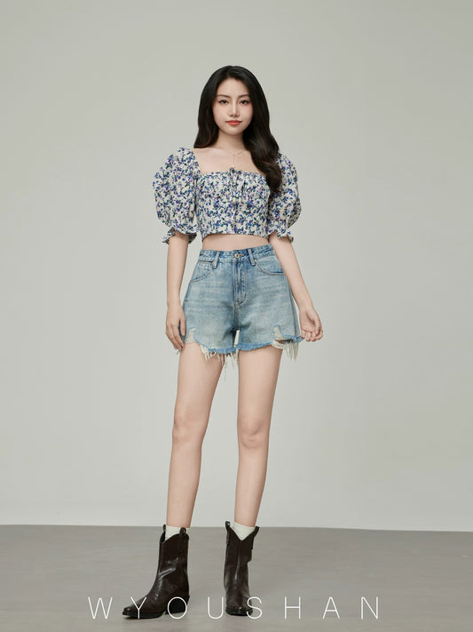 059 Wang Youshan Denim Shorts Women's Loose Summer High Waist Hot Pants New 2024 Thin Raw Edge A-Line Pants