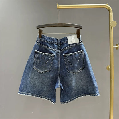 2025 summer new high waist slim a-line denim shorts women's blue versatile loose wide leg shorts mid-length pants