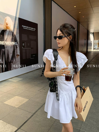 SUNONEONE French white dress for women summer high-end waist slimming sweet fairy princess skirt