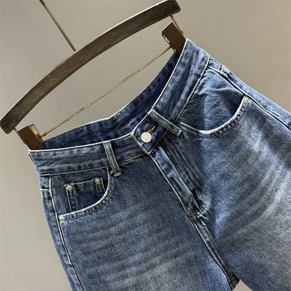 2025 summer new high waist slim a-line denim shorts women's blue versatile loose wide leg shorts mid-length pants