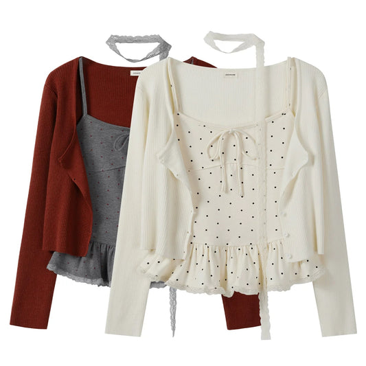 Early Autumn Pure and Sexy Sweet and Spicy Lace Polka Dot Ruffled Camisole Cardigan Cardigan Scarf Two-Piece Top