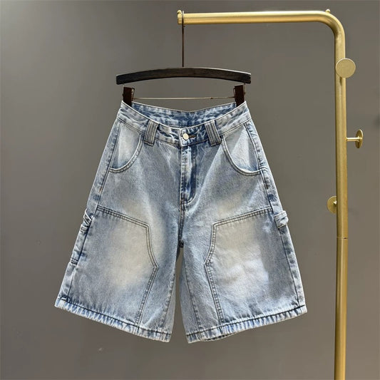 2025 summer new high waist casual five-point jeans for women all-match trendy workwear straight slim wide-leg mid-length pants