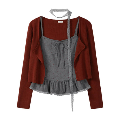 Early Autumn Pure and Sexy Sweet and Spicy Lace Polka Dot Ruffled Camisole Cardigan Cardigan Scarf Two-Piece Top