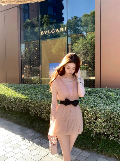 kubiliv【Old-fashioned Sweetheart】Gentle and elegant V-neck bow-tie waist-cinching lace-trimmed tulle skirt pure and alluring dress
